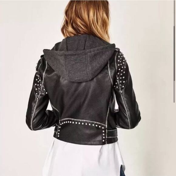 Zara Moto Distressed Faux Leather Studded Jacket with Sweatshirt Hood XS Black - Picture 3 of 16